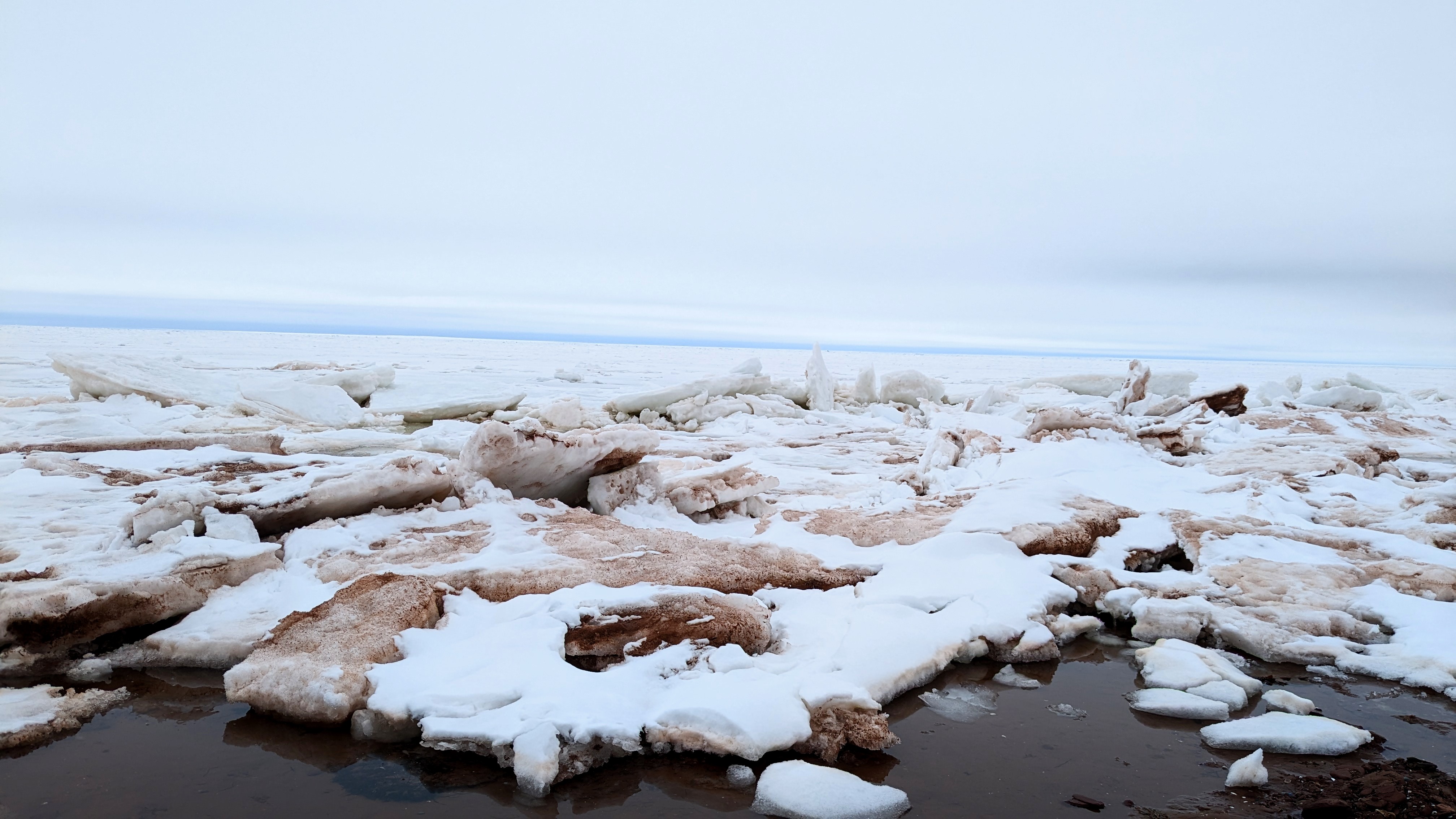 Pink and white ice chunks along the seashore.